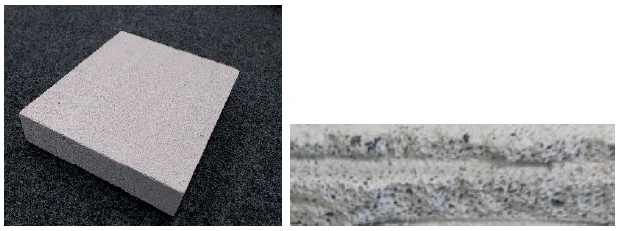 Beton poros – Proba 1 (stânga); structură poroasă evidențiată la marginea probei (dreapta)