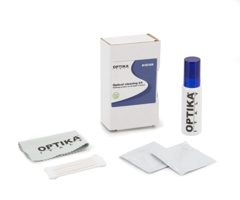 Kit de curățare pentru componente optice și mecanice de microscop, conținând materiale și produse pentru îngrijirea și menținerea curățeniei echipamentelor de microscopie