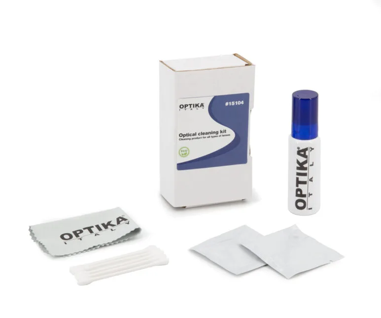 Kit de curățare pentru componente optice și mecanice de microscop, conținând materiale și produse pentru îngrijirea și menținerea curățeniei echipamentelor de microscopie