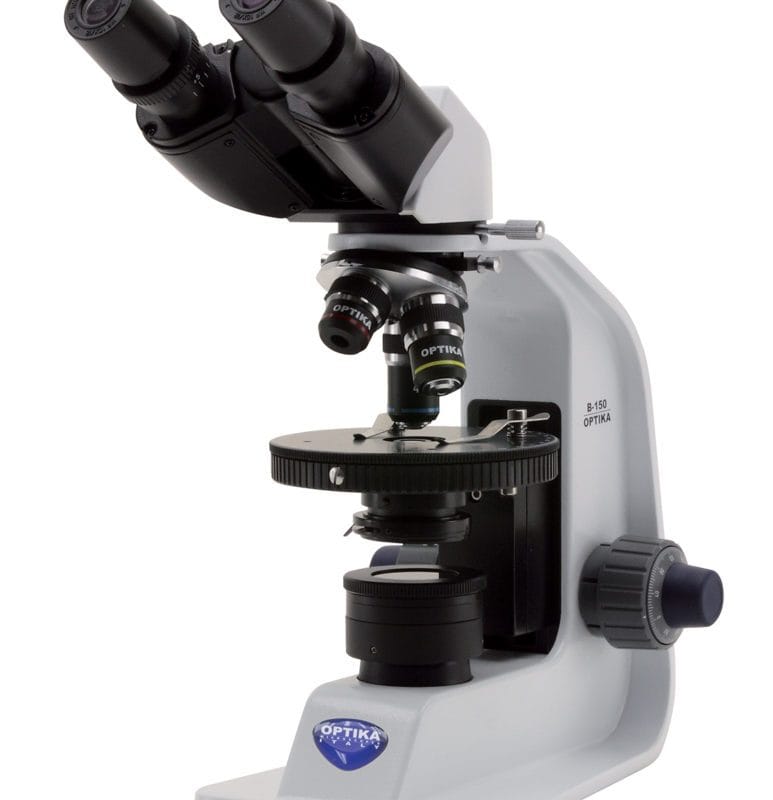 Microscop binocular cu polarizare, mărire 400x, obiective PLAN pentru imagine plană, oculare binoculare, baterii reîncărcabile, utilizat pentru observația substanțelor anizotrope și cristalelor