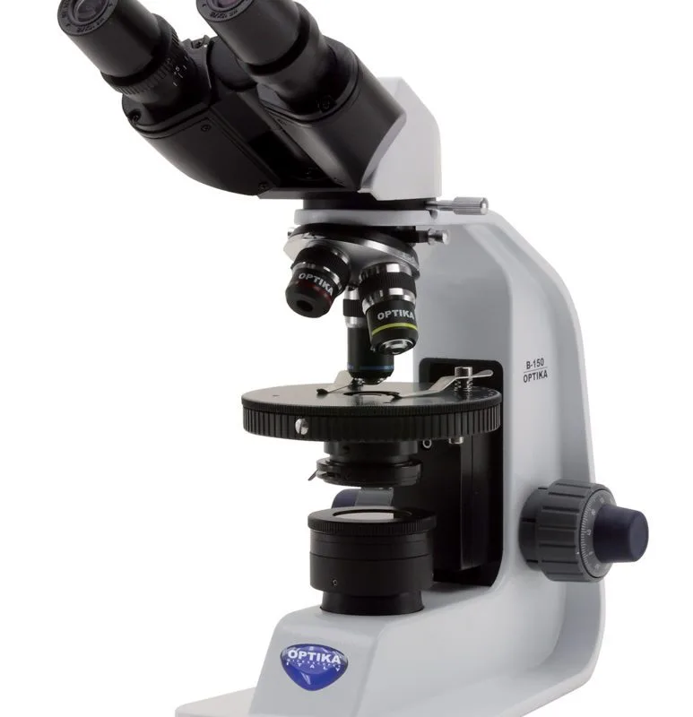 Microscop binocular cu polarizare, mărire 400x, obiective PLAN pentru imagine plană, oculare binoculare, baterii reîncărcabile, utilizat pentru observația substanțelor anizotrope și cristalelor