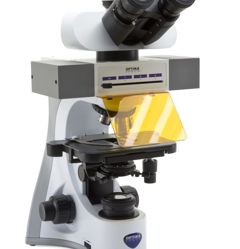 Microscop trinocular B-510 de fluorescență cu LED, mărire 1000x, obiective IOS PLAN, cap trinocular, 4 locuri goale pentru cartușe filtre de fluorescență, sursa LED pentru eficiență energetică