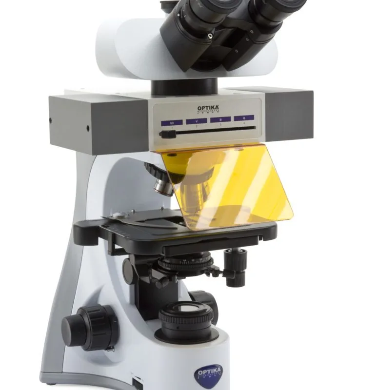 Microscop trinocular B-510 de fluorescență cu LED, mărire 1000x, obiective IOS PLAN, cap trinocular, 4 locuri goale pentru cartușe filtre de fluorescență, sursa LED pentru eficiență energetică