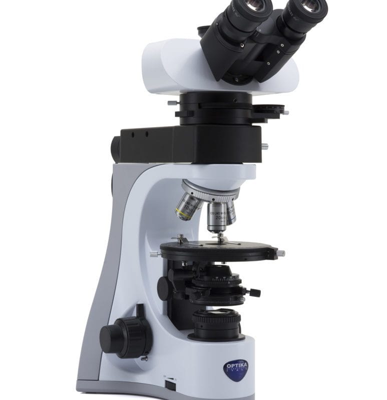Microscop trinocular B-510 polarizant cu distanță mare de lucru, mărire 500x, obiective IOS PLAN LWD POL, cap trinocular, iluminare incidentă și transmisă comutabilă, pentru lame mari și probele groase cu polarizare