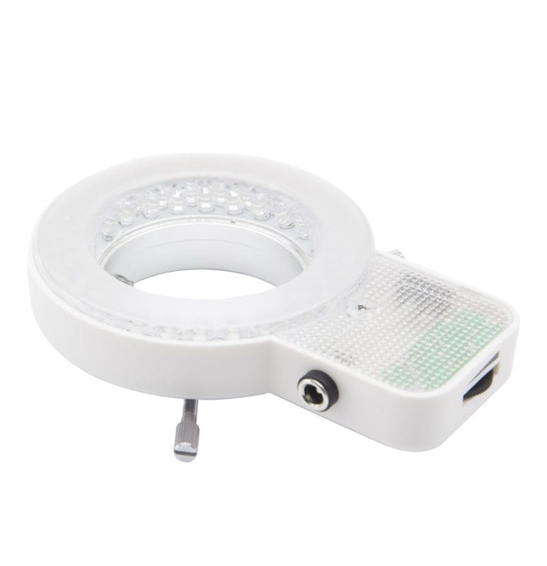 Iluminator inelar cu 56 LED-uri, tensiune de alimentare EU (230V), asigurând iluminare uniformă și de intensitate controlabilă pentru microscopie și inspecție optică de detaliu