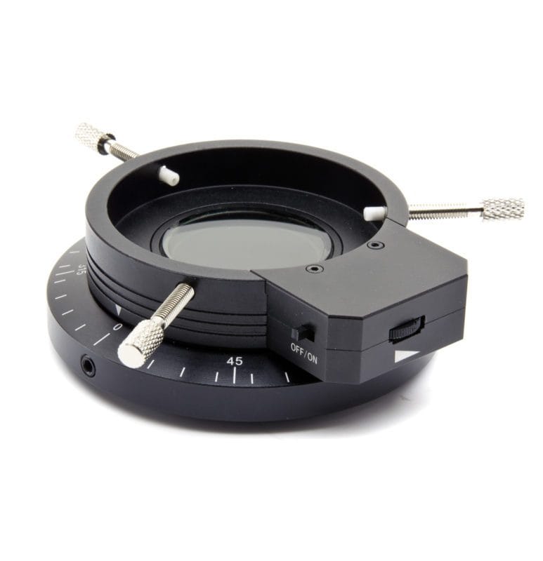 Iluminator inelar cu 96 LED-uri cu funcție de polarizare (POL), pentru microscopie cu iluminare polarizată, asigurând eliminarea reflexelor și contrastare optimală a structurilor microscopice