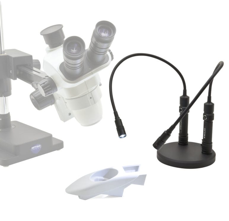 Set compus din doi iluminatori cu braț, plăci de fixare magnetică, bază metalică și alimentare USB, oferind iluminare duală ajustabilă pentru inspecții și microscopie în aplicații cu cerințe de iluminare multidirecțională