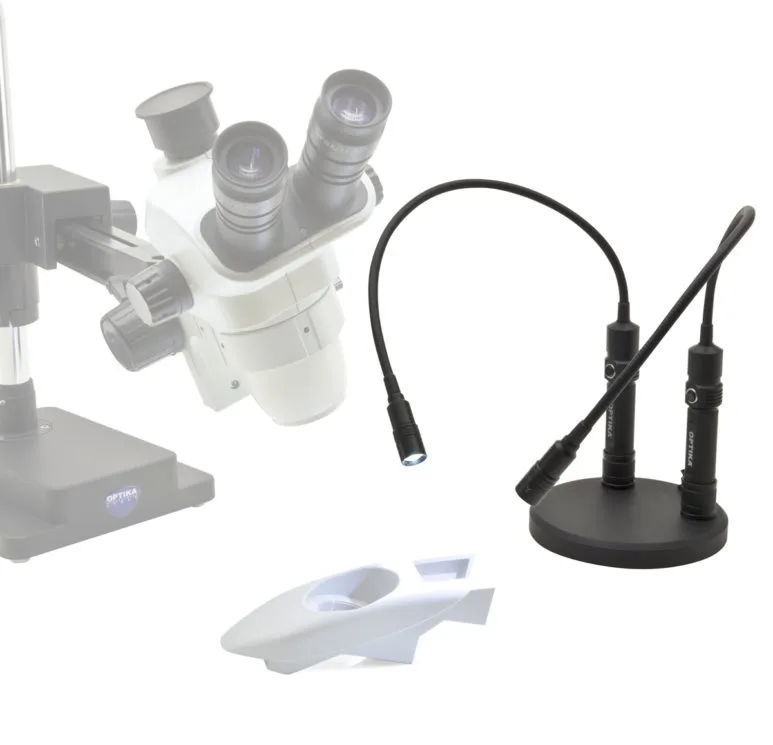 Set compus din doi iluminatori cu braț, plăci de fixare magnetică, bază metalică și alimentare USB, oferind iluminare duală ajustabilă pentru inspecții și microscopie în aplicații cu cerințe de iluminare multidirecțională