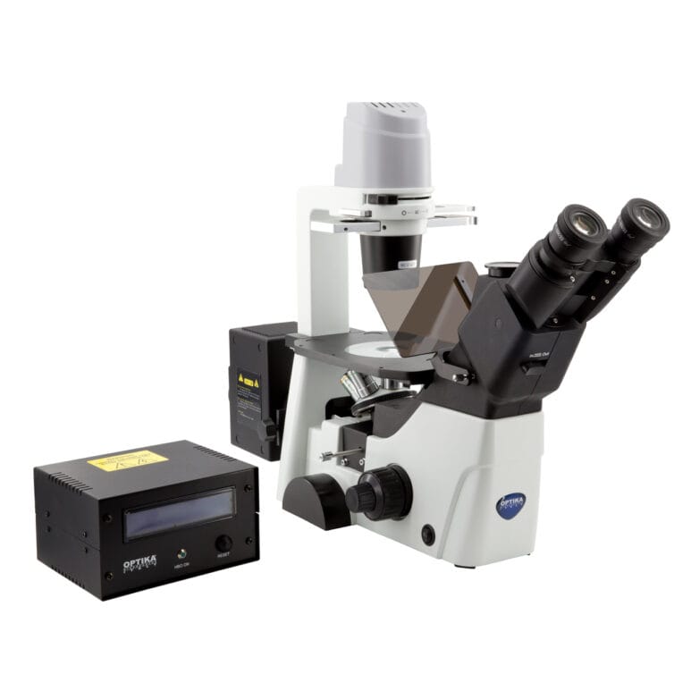Microscop invertat IM-300 cu fluorescență HBO și contrast de fază, mărire 400x, oculare de lungă distanță de lucru plan-achromate IOS LWD PLAN, cu set de filtre B&G (albastru-verde) pentru observații fluorescente multicanal
