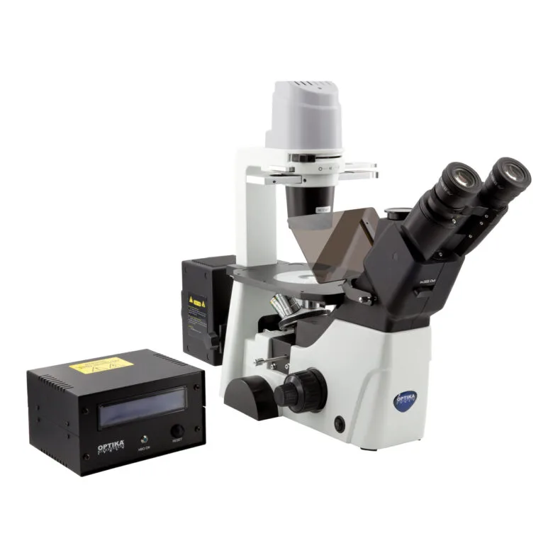 Microscop invertat IM-300 cu fluorescență HBO și contrast de fază, mărire 400x, oculare de lungă distanță de lucru plan-achromate IOS LWD PLAN, cu set de filtre B&G (albastru-verde) pentru observații fluorescente multicanal