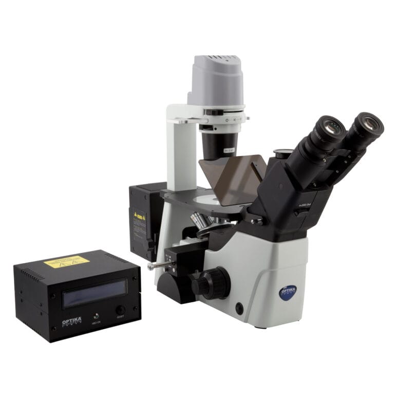 Microscop invertat IM-300 cu fluorescență HBO, mărire 400x, oculare de lungă distanță de lucru plan-achromate IOS LWD PLAN, echipat cu set de filtre B&G (albastru-verde) pentru fluorescență fără capacitate de contrast de fază