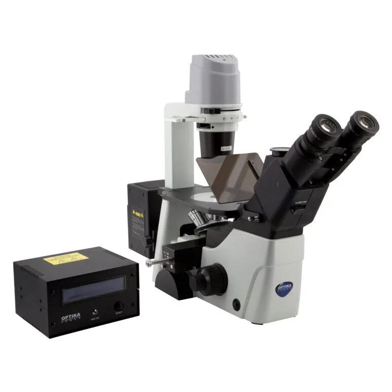 Microscop invertat IM-300 cu fluorescență HBO, mărire 400x, oculare de lungă distanță de lucru plan-achromate IOS LWD PLAN, echipat cu set de filtre B&G (albastru-verde) pentru fluorescență fără capacitate de contrast de fază