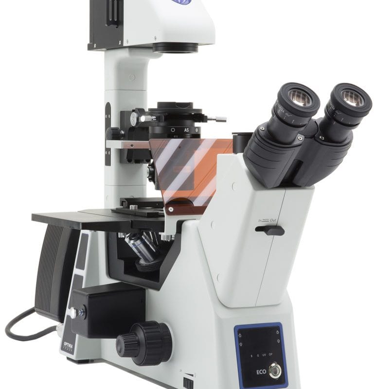 Microscop invertat IM-5 cu fluorescență LED și contrast de fază, oculare de lungă distanță de lucru plan-achromate IOS, fără obiective incluse, cu set de filtre B&G (albastru-verde) și iluminare UV pentru fluorescență multicanal