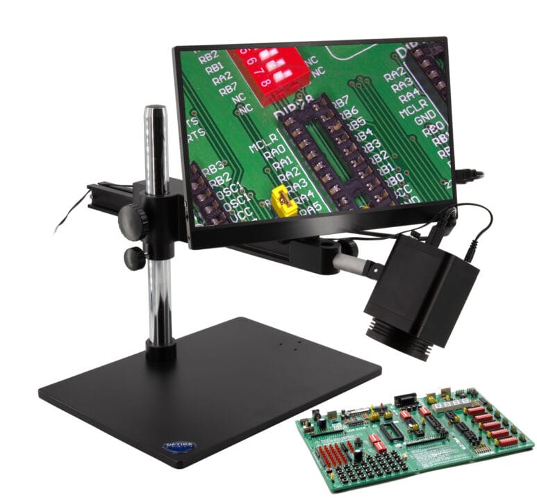 Sistem IS-4K de inspecție și măsurare optică cu autofocus, cameră Ultra HD 4K, pe stand cu brat articulat (boom stand), ecran integrat, software de măsurare asistată de calculator pentru aplicații de laborator și inspecție