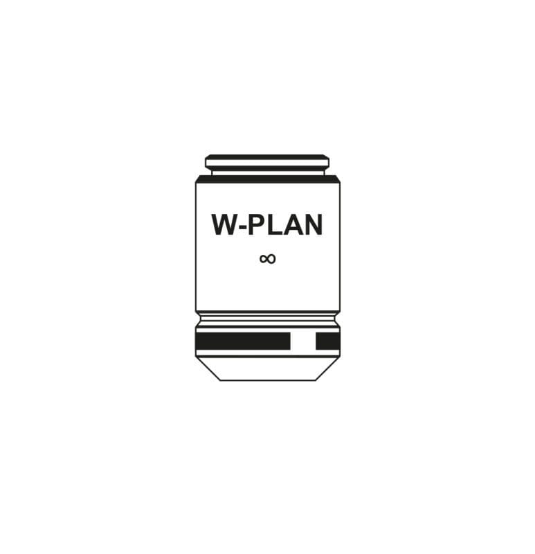 Obiectiv microscop IOS W-PLAN, mărire 100x, deschidere numerică 1.25, cu imersiune în ulei, pentru observații de înaltă rezoluție și contrast ridicat pe lamă și acoperișă