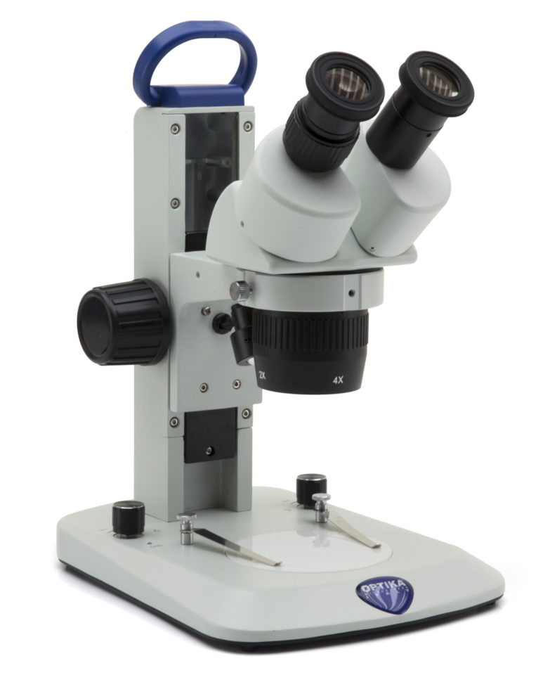 Stereomicroscop SLX cu braț fix, mărire 20x-40x, iluminare LED incidenă și transmisă, alimentare cu baterii reîncărcabile (nu sunt incluse), pentru observații binocular rigide și stabilizate cu capacitate de iluminare duală