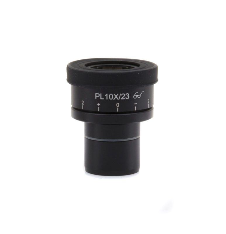 Oculară micrometrică WF10x/23 cu scală gravată pentru măsurări precise, punct ocular înalt, focalizare manuală și cană de cauciuc (diametru 30 mm)